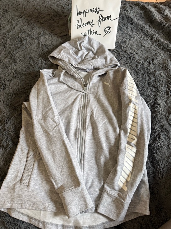 Puma Tops - Puma Light Gray Full-Zip Hoodie with White Sleeve Logo